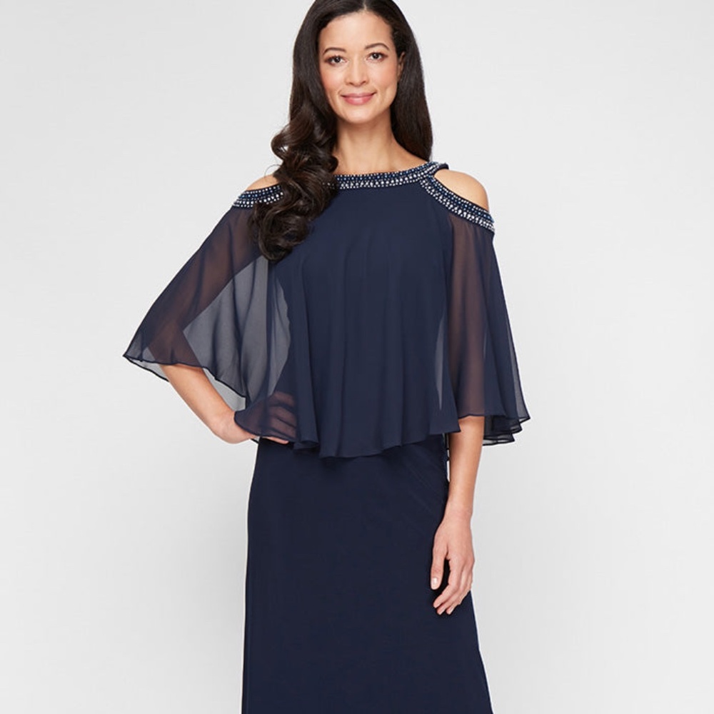 alexevenings.com Cold Shoulder Popover Jersey & Chiffon Gown with Beaded Necklin